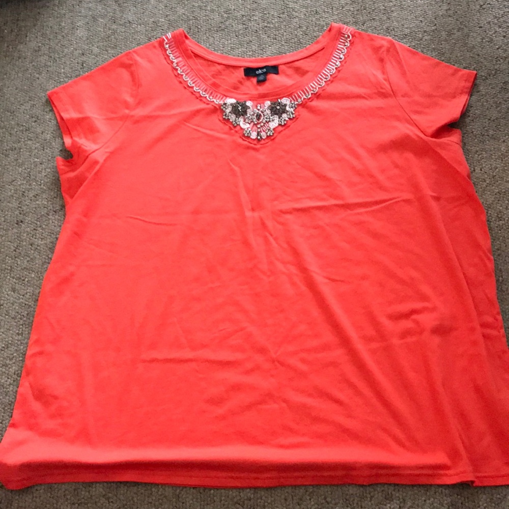 Ellos coral orange jeweled neck tee 1X